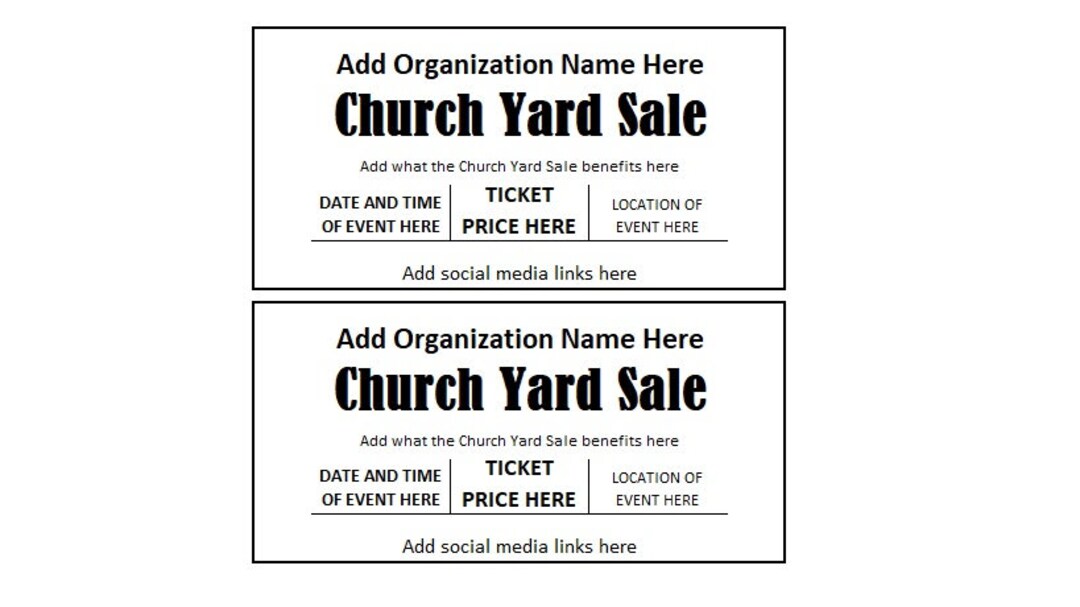 Church Yard Sale Ticket, Church Yard Sale Fundraiser Ticket, Church Yard Sale Ticket Printables ...