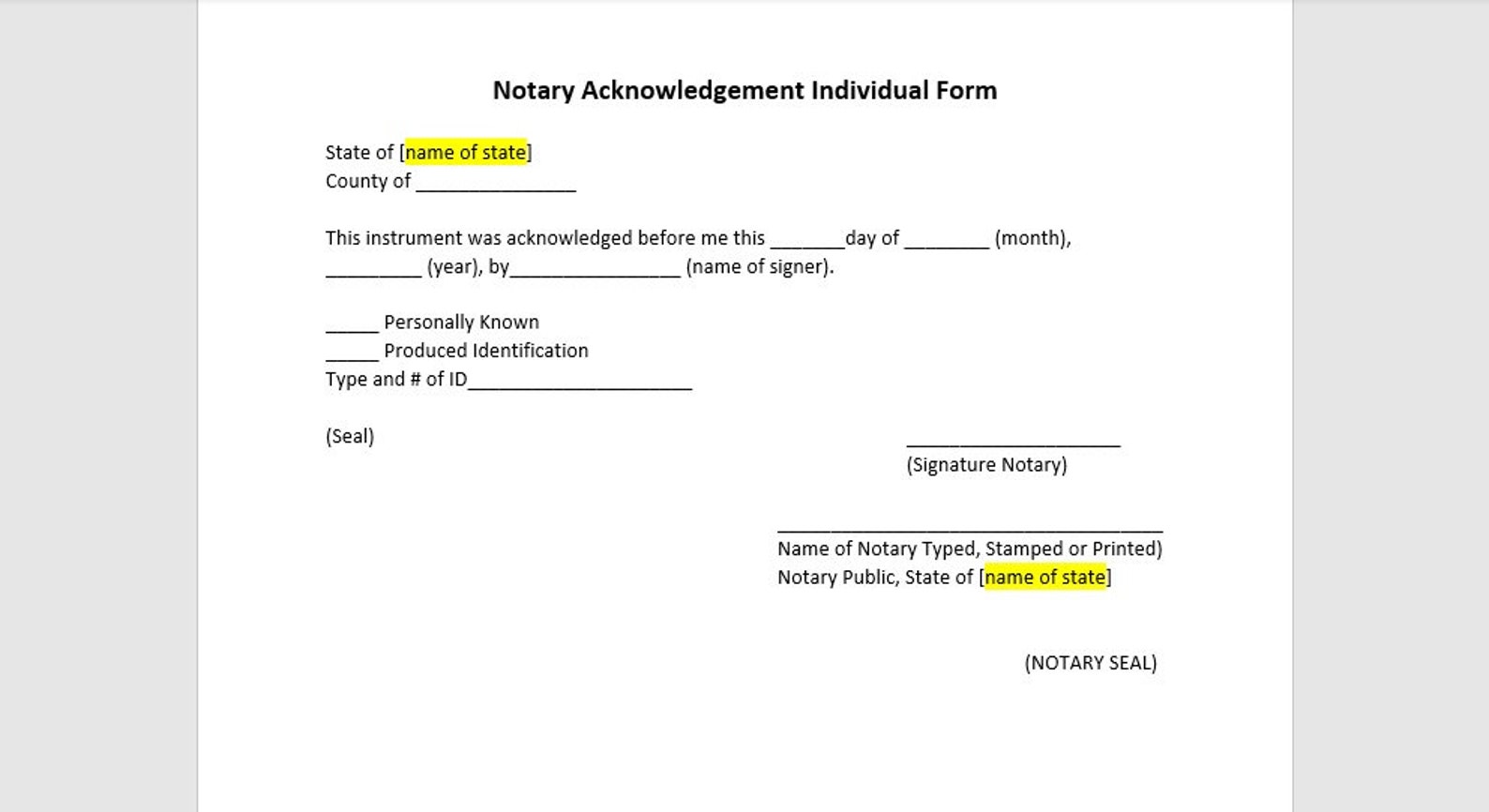 Individual Notary Acknowledgement Form Notary Acknowledgement Form Template Notary 8949