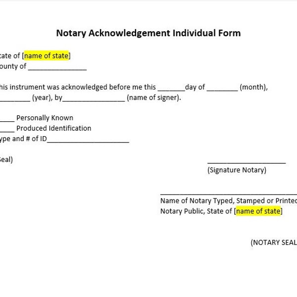 Individual Notary Acknowledgement Form, Notary Acknowledgement Form Template, Notary Acknowledgement, Simple Letter, Word Template
