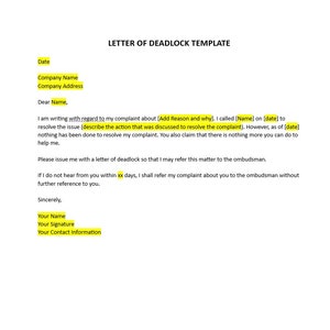 Op de afbeelding: Een sjabloon voor een deadlockbrief met instructies over het schrijven van een brief aan een bedrijf over een klacht. Het sjabloon bevat plaatsaanduidingen voor de datum, bedrijfsnaam, bedrijfsadres en de reden voor de klacht. Het bevat ook een sectie voor de naam en contactgegevens van de ontvanger.