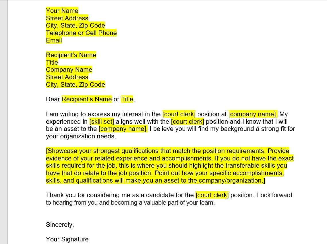 cover letter examples for court clerk job