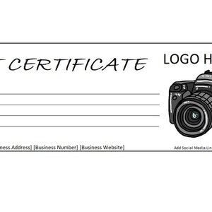 Plantilla de certificado de regalo de fotografía editable, certificado, certificado de regalo de bricolaje, cupón editable, certificado de regalo imprimible de fotografía
