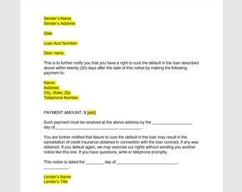 Puede incluir: Un documento legal titulado "Aviso de incumplimiento" con el texto "Nombre del remitente", "Dirección del remitente", "Fecha", "Número de cuenta del préstamo", "Estimado/a [Nombre]", "Nombre", "Dirección", "Ciudad, Estado, Código postal", "Número de teléfono", "IMPORTE DEL PAGO: [add] €", "Dicho pago debe recibirse en la dirección anterior antes del día de", "Se le informa además de que el incumplimiento de la obligación de subsanar el incumplimiento del préstamo puede dar lugar a la cancelación del seguro de crédito obtenido en relación con el contrato de préstamo, si se hubiera obtenido. Si vuelve a incumplir, podemos ejercer nuestros derechos sin enviarle otro aviso como este. Si tiene alguna pregunta, escriba o llame por teléfono.", "Este aviso está fechado el día de", "Nombre del prestamista", y "Cargo del prestamista".