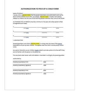 Formulário de autorização editável para retirada, modelo de formulário de autorização para retirada, modelo de formulário de retirada, modelo de formulário de creche, modelo do Word