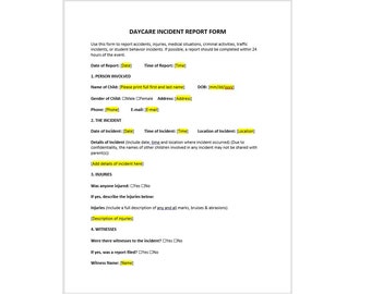 Daycare Incident Report Form, Daycare Incident Report Form Template, Incident Report Template, Incident Form Template, Word Template