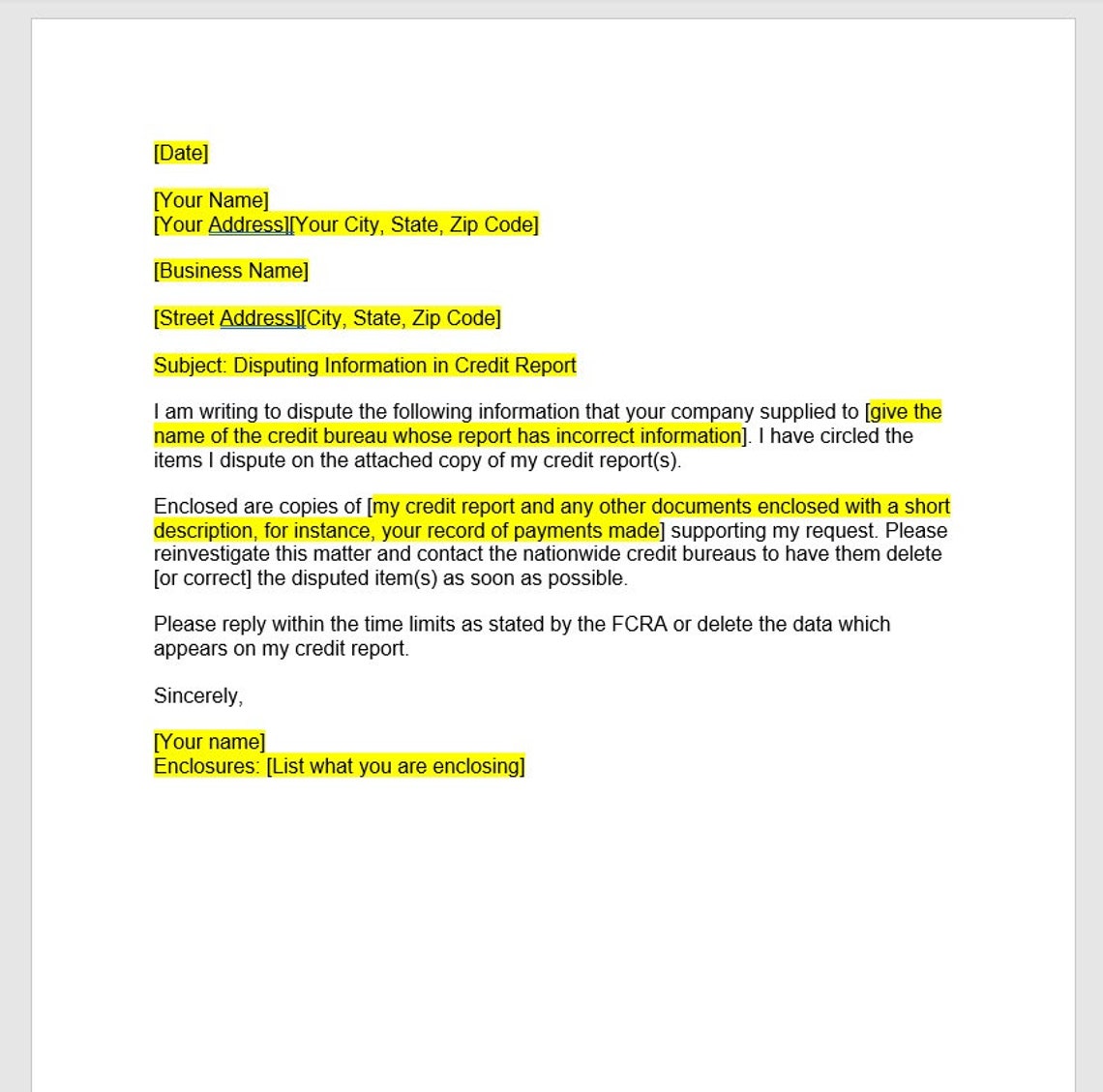 Credit Report Dispute Letter Template, Credit Report Dispute Letter