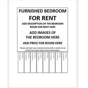 Editable Fully Furnished Bedroom For Rent Tear-off Flyer, Tear-off Flyer Template, Furnished Bedroom For Rent Advertisement, Ad Flyer