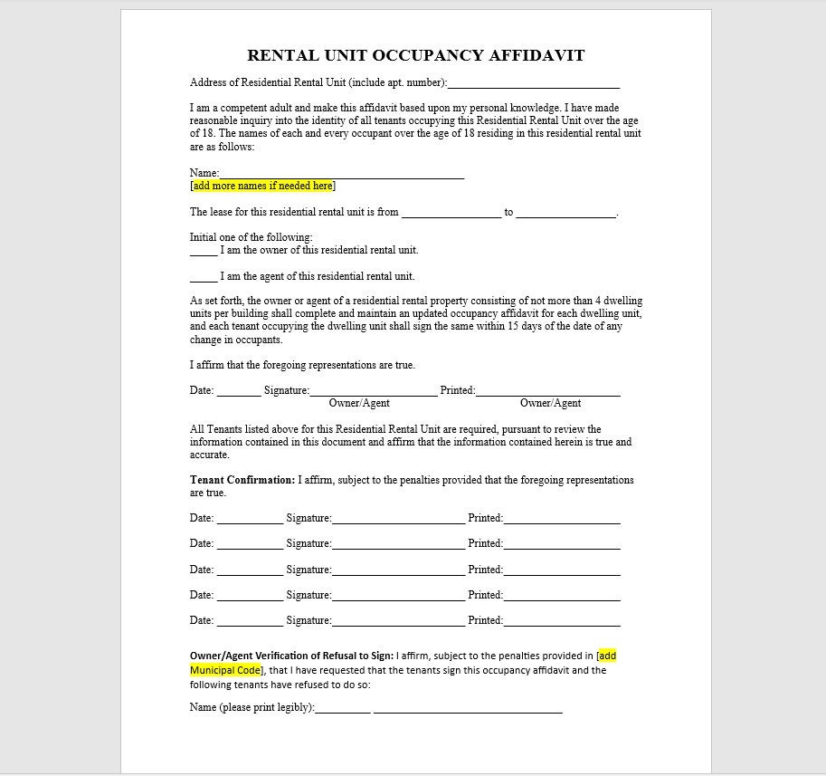 Rental Unit Occupancy Affidavit, Rental Unit Occupancy Affidavit