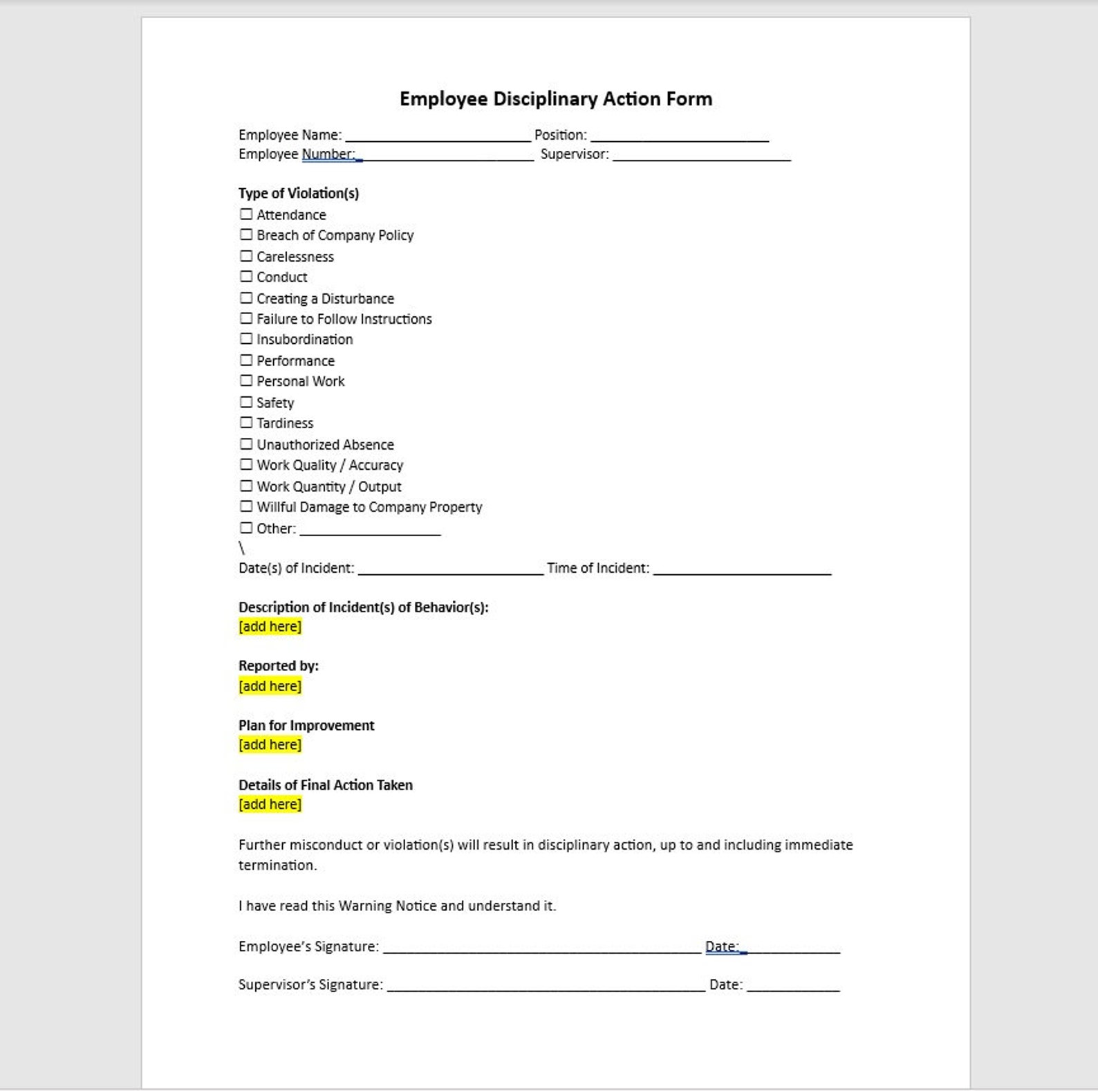 Employee Discipline Form, Employee Discipline Form Template, Discipline ...