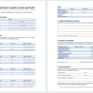 May include: A two-page Security Deposit Inspection Report document printed on white paper with blue text and lines. The form includes sections for property details, condition assessment for various rooms, additional findings, and deposit reconciliation.