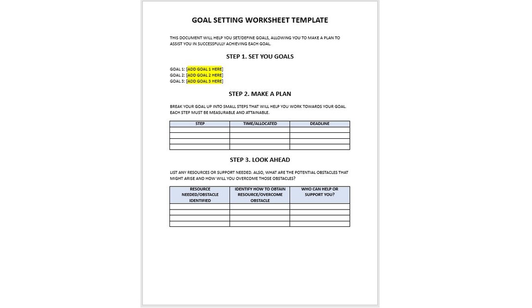 Editable Worksheet, Goal Setting Worksheet, Goal Setting Worksheet ...