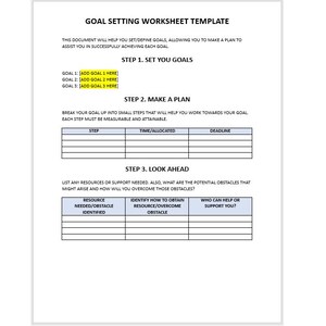 Editable Worksheet, Goal Setting Worksheet, Goal Setting Worksheet ...