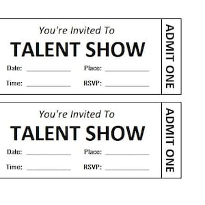 以下が含まれることがあります： 「You're Invited To Talent Show」と「ADMIT ONE」の文字が印刷された、空白の才能ショー入場券2枚。チケットには、日付、時間、場所、RSVP を記入するスペースがあります。