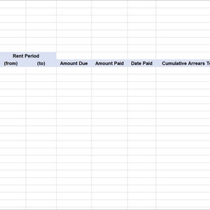May include: A blank rent summary ledger spreadsheet with columns for month, rent due date, rent period, amount due, amount paid, date paid, cumulative arrears total, and comments.