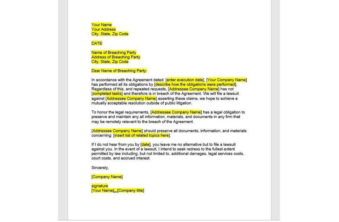 Breach of Contract Letter Template Breach of Contract Letter Breach
