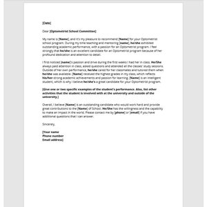 Plantilla de carta de recomendación de la escuela de optometrista, Carta de recomendación de la escuela de optometrista, Plantilla de recomendación de optometrista, Plantilla