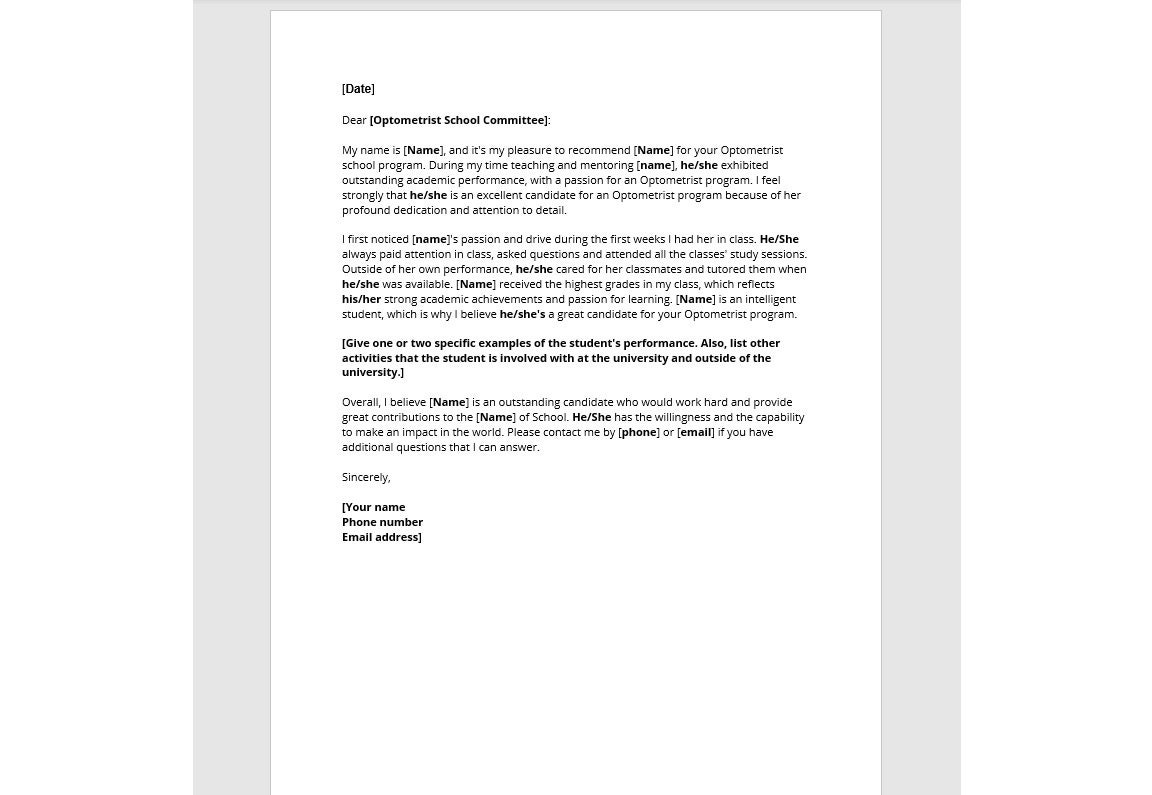 Optometrist School Letter Template, Optometrist School