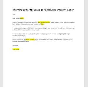Carta de advertencia para plantilla de infracción de contrato de arrendamiento o alquiler, Carta de infracción de Rentel, Carta de notificación de infracción, Carta simple