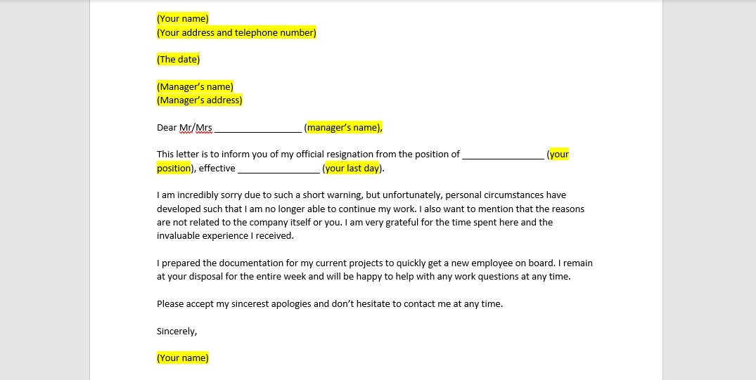 One Weeks Notice Letter Template One Weeks Notice Letter One Etsy UK