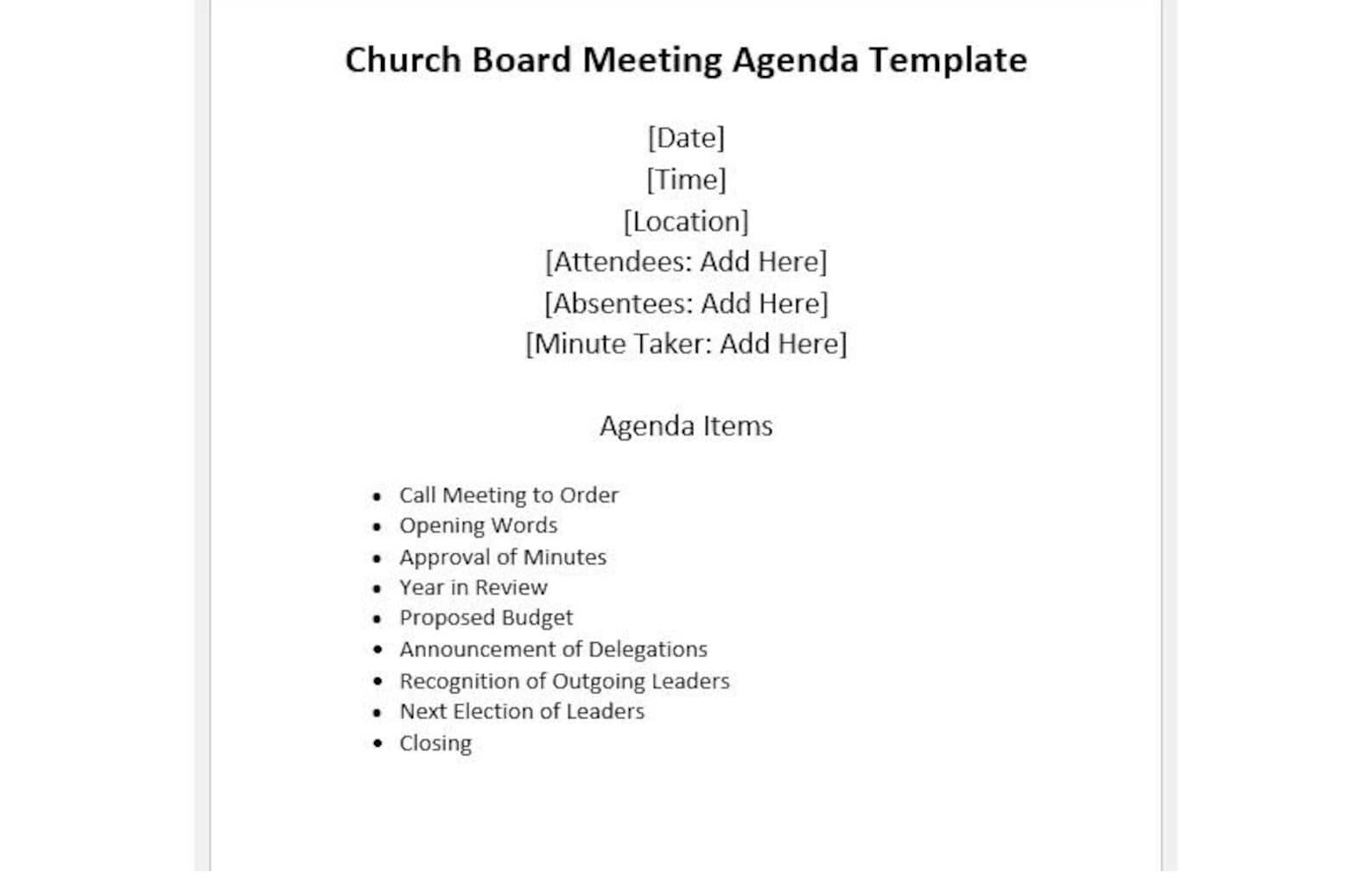 Editable Church Board Meeting Agenda Template, Bulletin Template