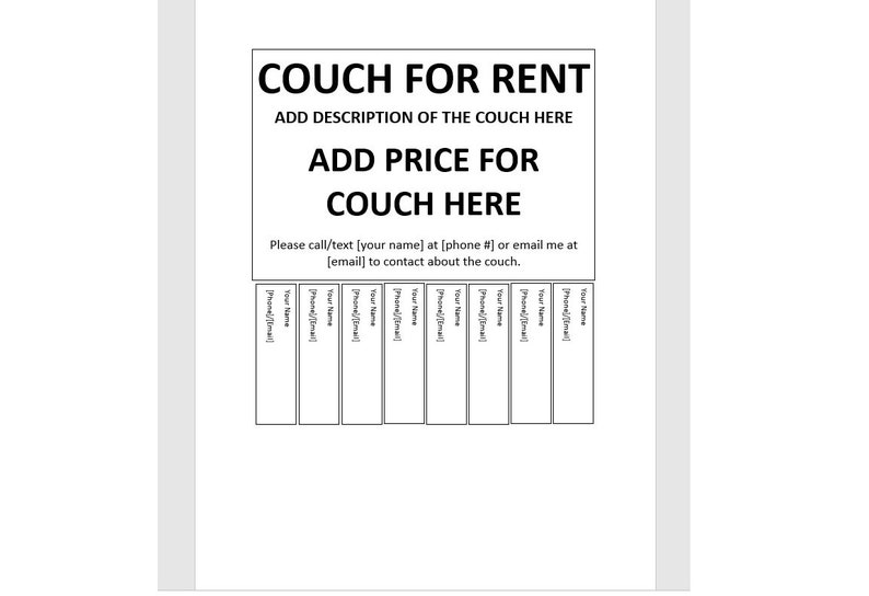 Editable Couch for Rent Tear-off Flyer, Tear-off Flyer Template, Couch ...