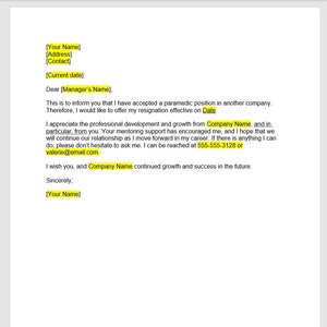 EMT Resignation Letter Template, Resignation Letter, Resignation Template, Resignation Letter Template, Word Template, Simple Letter