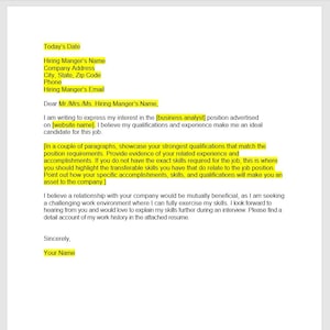 Carta de presentación de analista de negocios, plantilla de carta de presentación, carta de presentación editable, plantilla de carta de presentación, plantilla de palabra, carta simple