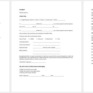 May include: Three-panel document titled "CONCESSION TRAILER BILL OF SALE TEMPLATE." The document includes sections for buyer and seller information, a description of the concession trailer, payment details, and agreement terms. The text is black on a white background.