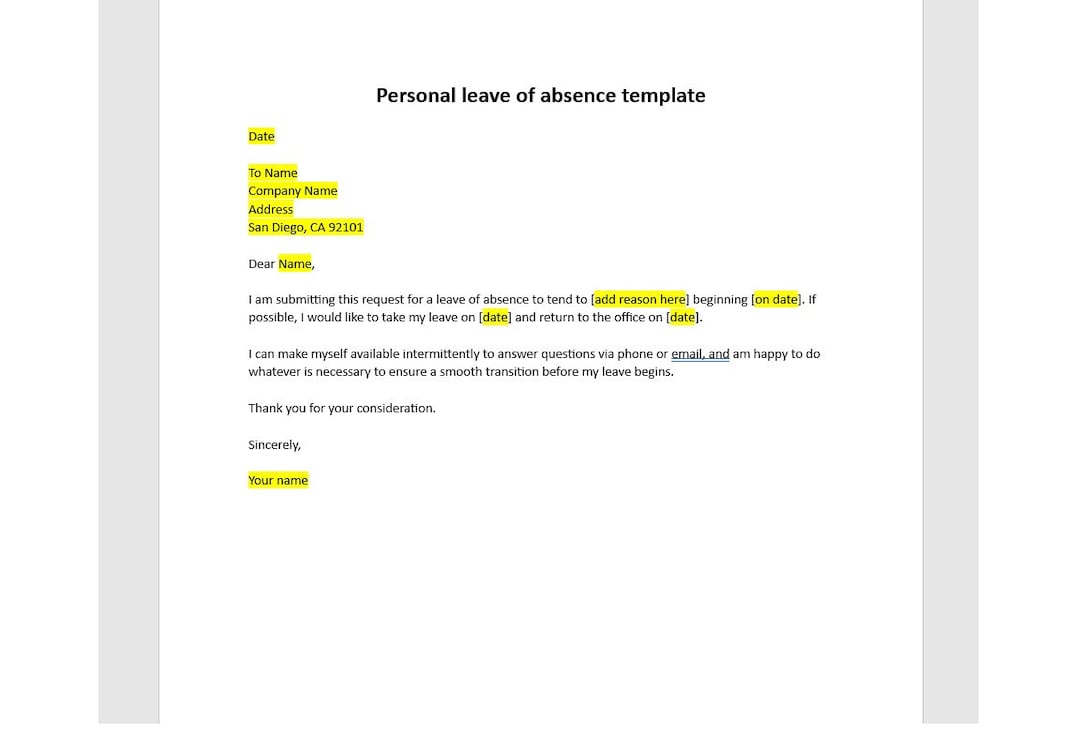Editable Personal Leave of Absence Template, Leave of Absence Request