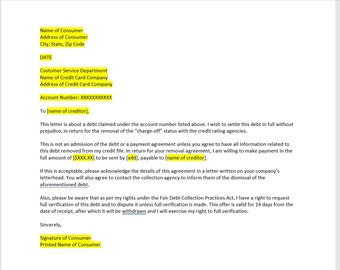 Puede incluir: Una plantilla de carta para liquidar una deuda en su totalidad. La carta incluye instrucciones para reconocer el acuerdo y detalles sobre la Ley de Prácticas Justas de Cobro de Deudas.