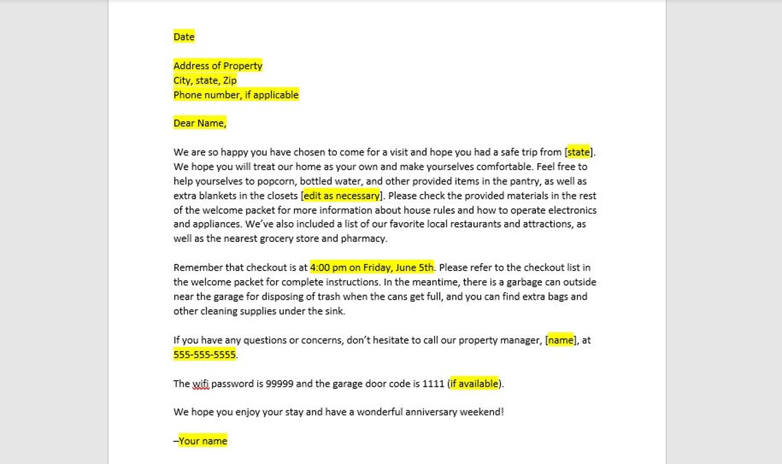 Vacation Rental Letter Template Vacation Rental Etsy