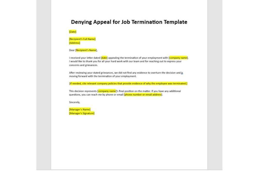 Editable Denying Appeal for Job Termination Template, Job Termination