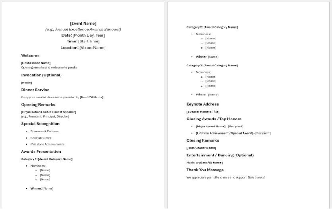 Editable Awards Banquet Program Template, Word Template, Template - Etsy
