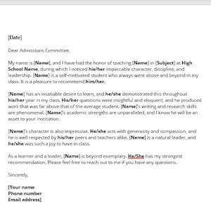Plantilla de carta de recomendación universitaria, carta de recomendación universitaria, plantilla de recomendación escolar, carta académica, plantilla de Word