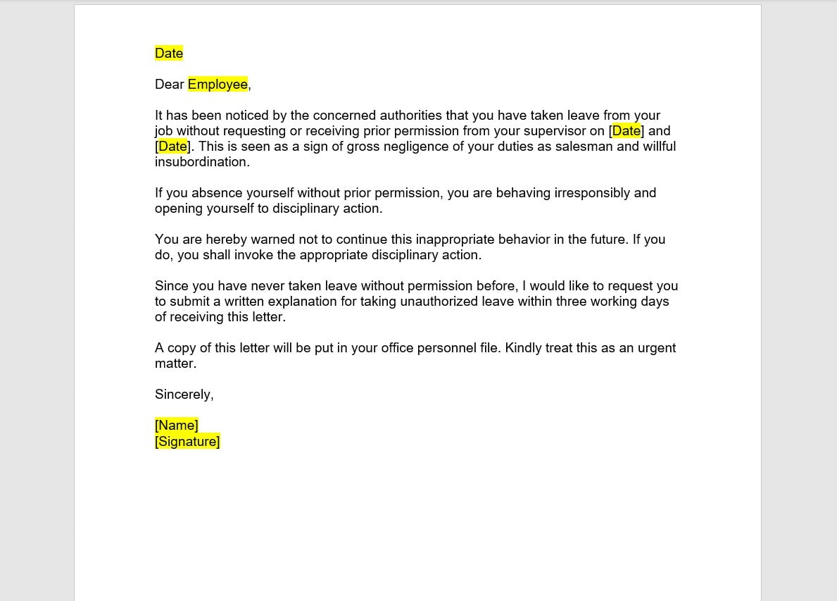 Employee unauthorized absence warning letter employee unauthorized