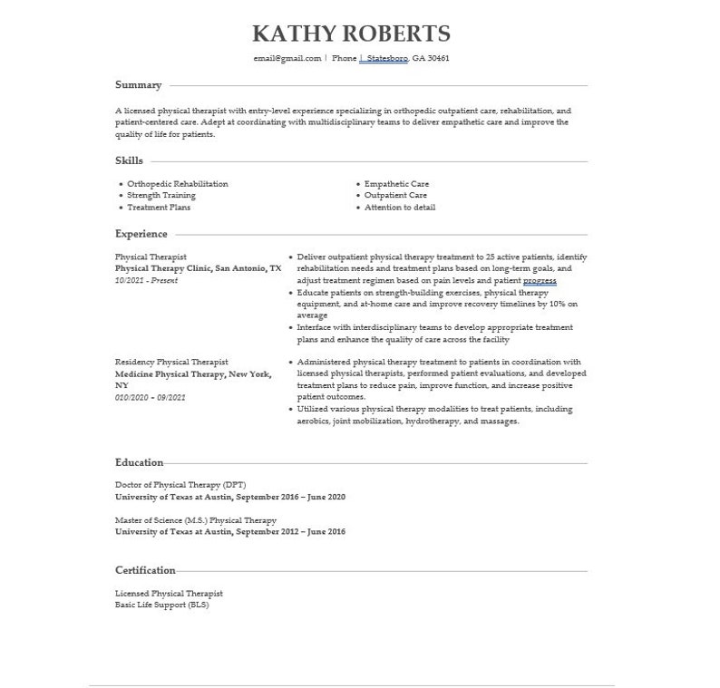 Physical Therapist Basic Resume Template Word Basic Resume Etsy