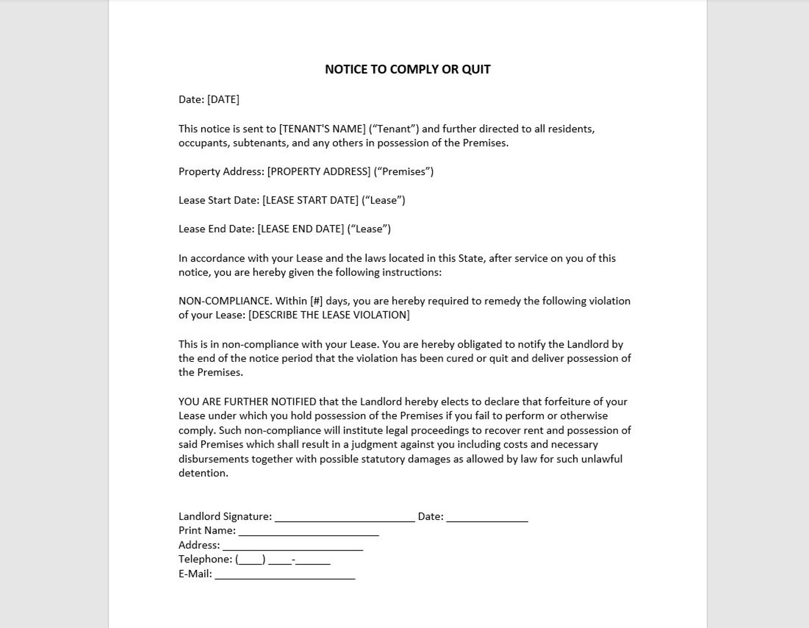 Notice to Comply or Quit Letter Template, Notice to Comply or Quit ...