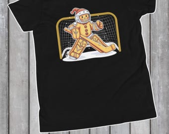 Gingerbread Hockey Shirt, Gingerbread Goalie Tee, Gingerbread Playing Hockey Shirt, Christmas Gingerbread Sports Tee, Youth Tee
