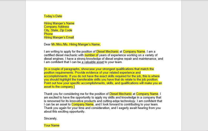 Diesel Mechanic Cover Letter Mechanic Cover Letter Template - Etsy Finland