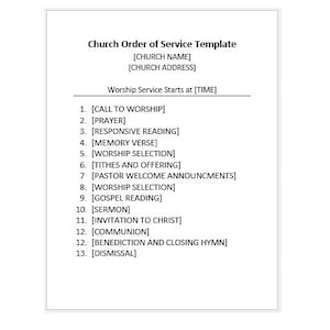 May include: A white document titled "Church Order of Service Template" with a list of service elements including "Call to Worship", "Prayer", and "Sermon". The document includes spaces for church name, address, and service start time.