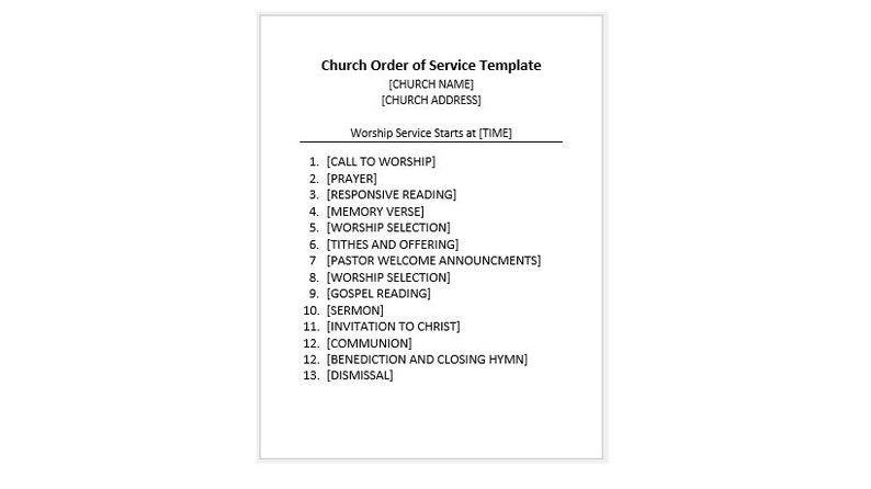 May include: A white document titled "Church Order of Service Template" with a list of service elements including "Call to Worship", "Prayer", and "Sermon". The document includes spaces for church name, address, and service start time.
