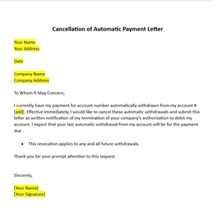 Cancelación de Carta de Pago Automático, Cancelación de Plantilla de Carta de Pago Automático, Cancelación de Pago, Revocación de Autorización