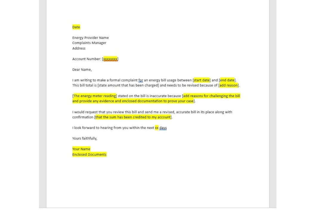 Energy Bill Overcharge Complaint Letter Template, Overcharge Complaint