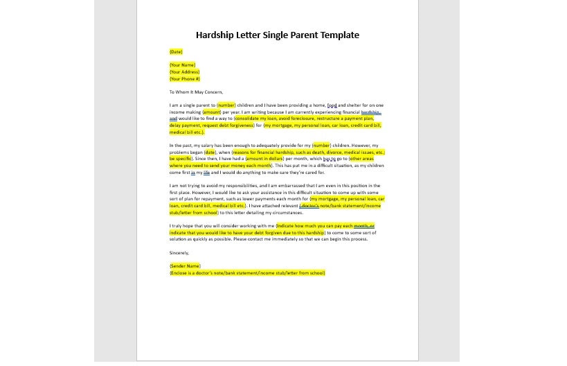 Editable Single Parent Hardship Letter Template, Hardship Letter