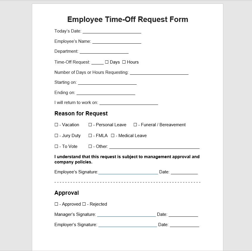 Time Off Request Form Template, Time Off Request Form, Employee Time Off Request, Editable Word, Human Resources, Days Off, Leave Template
