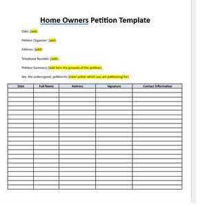 Editable Home Owners Petition, Home Owners Petition Template, Home Owners Petition Template, Word Template, Editable Template, Word Format