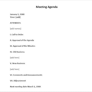 May include: A meeting agenda for January 1, 20XX, with a list of topics including call to order, approval of the agenda, approval of the minutes, old business, new business, comments and announcements, and adjournment. The next meeting date is March 1, 20XX.