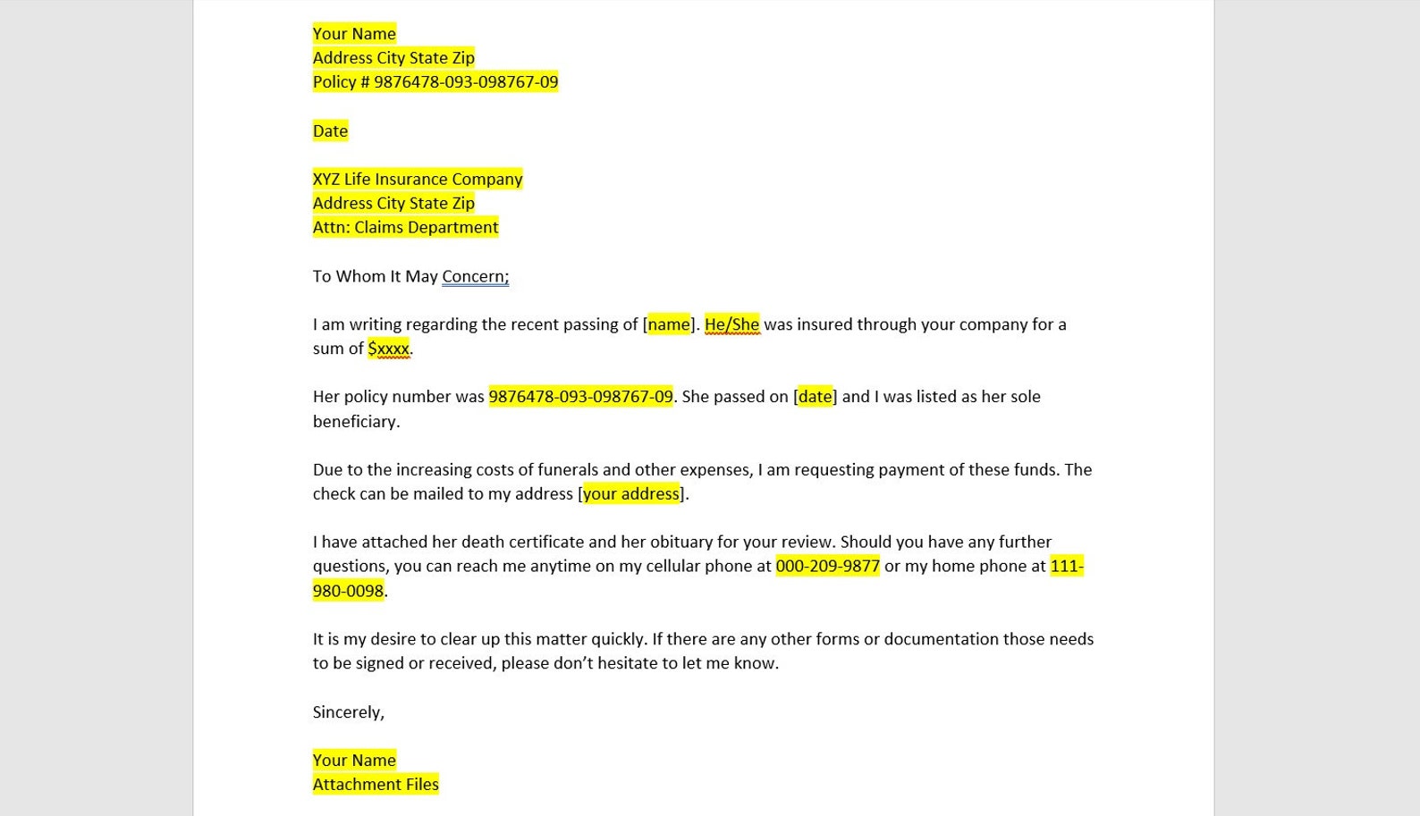 Life Insurance Claim, Life Insurance Claim Letter, Life Insurance Claim