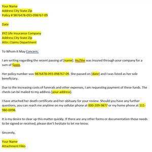 Reclamo de seguro de vida, Carta de reclamo de seguro de vida, Plantilla de carta de reclamo de seguro de vida, Plantilla de Word, Carta simple, Carta de Word