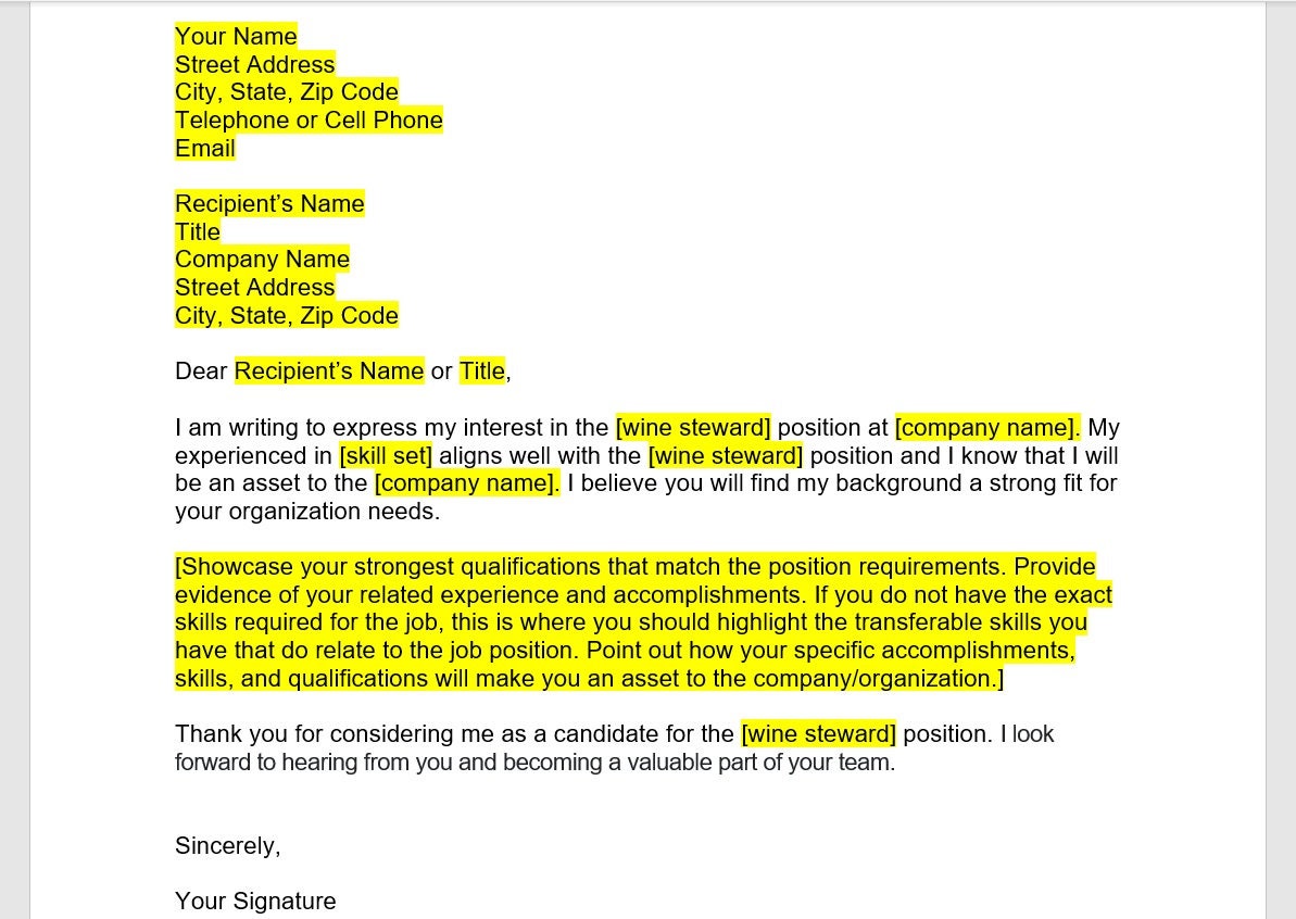 Wine Steward Cover Letter, Cover Letter Template, Editable Cover Letter